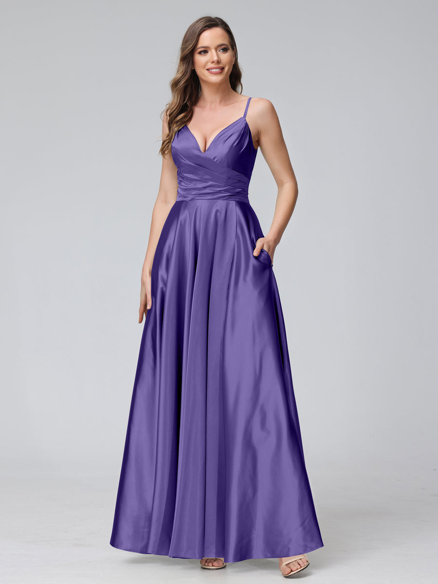 Vestidos de Dama de Honra Longos de Cetim de Seda Sem Mangas com Bolsos e Laterais Divididas