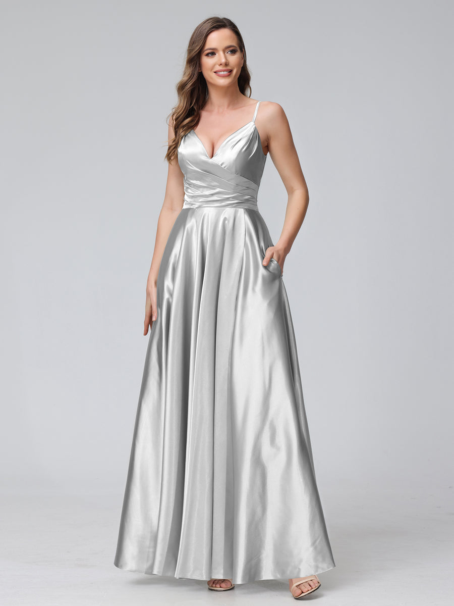 Vestidos de Dama de Honra Longos de Cetim de Seda Sem Mangas com Bolsos e Laterais Divididas