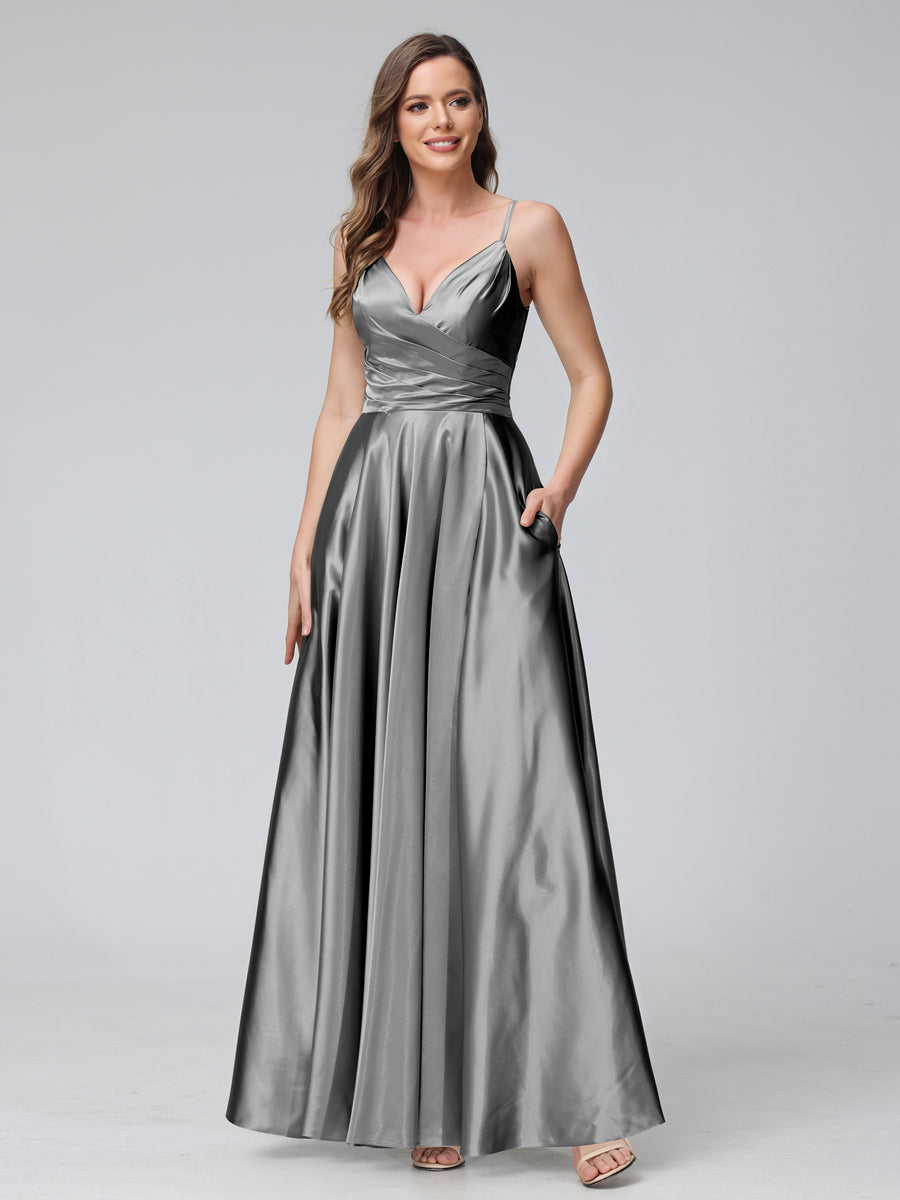Vestidos de Dama de Honra Longos de Cetim de Seda Sem Mangas com Bolsos e Laterais Divididas