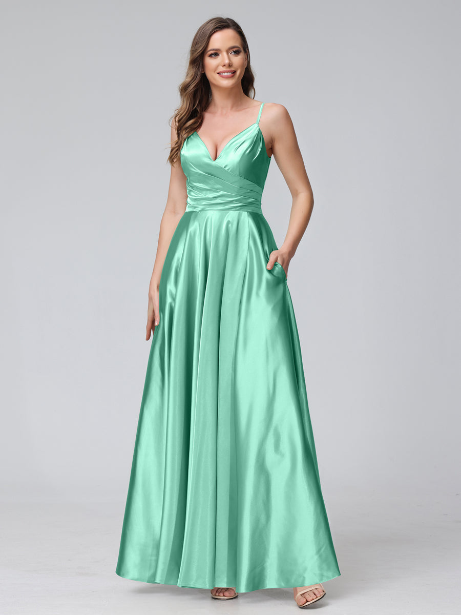 Vestidos de Dama de Honra Longos de Cetim de Seda Sem Mangas com Bolsos e Laterais Divididas