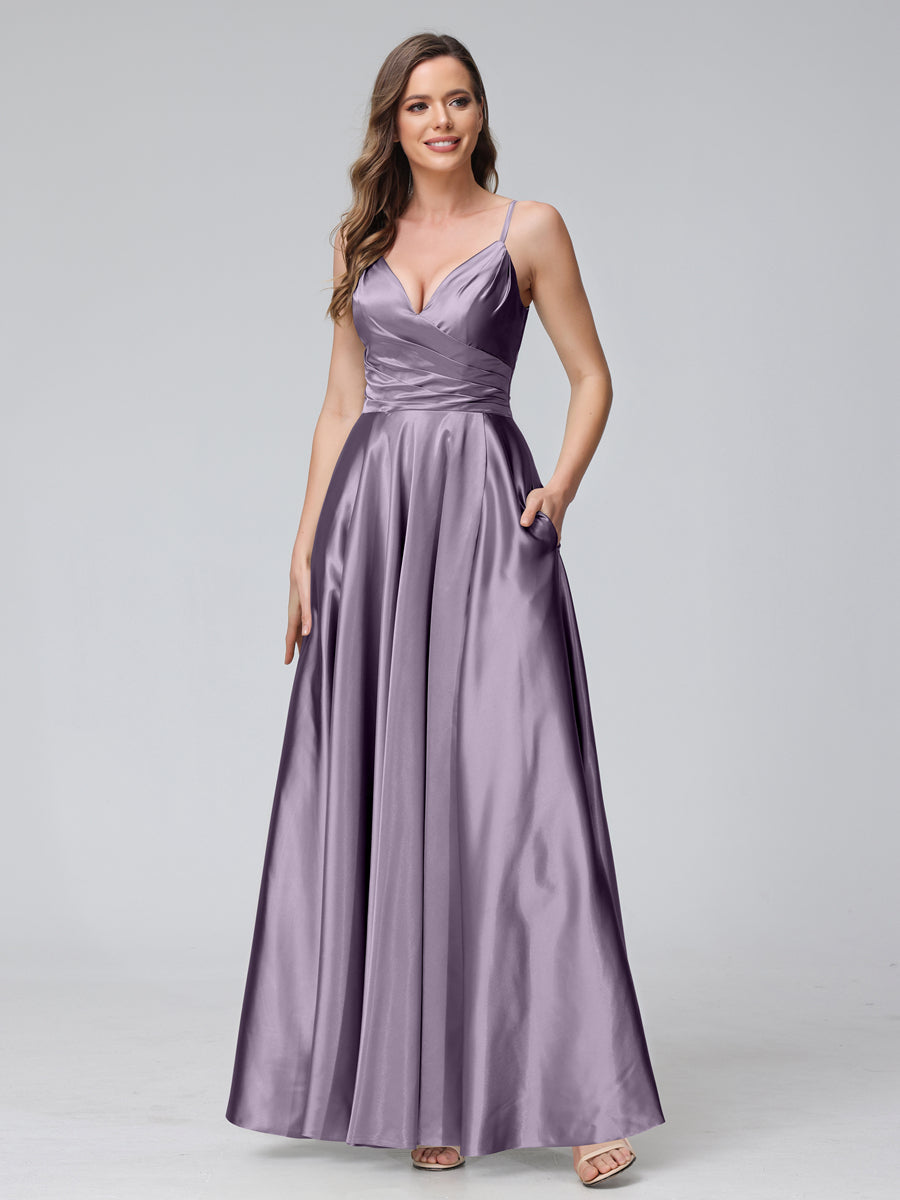 Vestidos de Dama de Honra Longos de Cetim de Seda Sem Mangas com Bolsos e Laterais Divididas