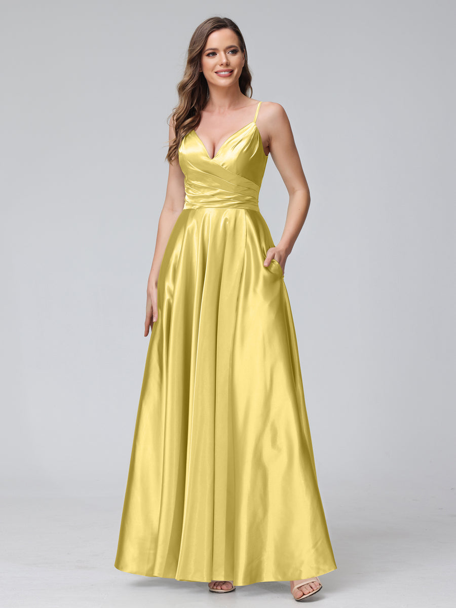 Vestidos de Dama de Honra Longos de Cetim de Seda Sem Mangas com Bolsos e Laterais Divididas