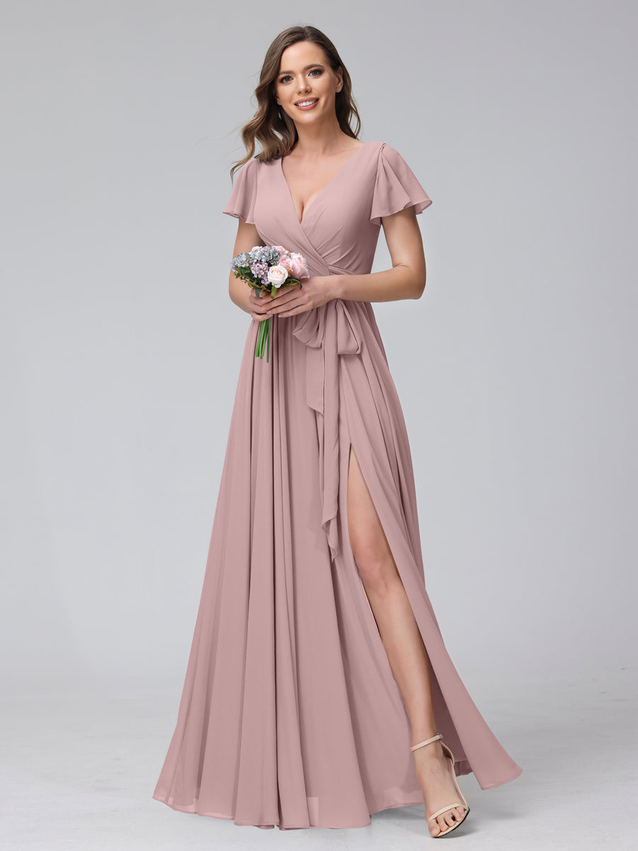 Vestidos de Dama de Honra Linha A com Decote Em V Mangas Curtas Chiffon Longo e Lado Dividido