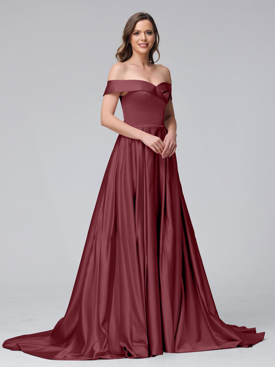 Vestidos de Noite Longos de Cetim com Ombros Largos e Corte A com Laterais Divididas e Bolsos