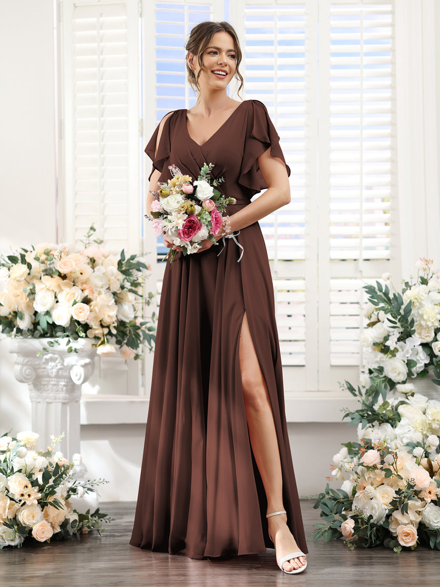Vestidos de Dama de Honra Em Chiffon Linha A com Mangas Curtas e Laterais Divididas Até O Chão