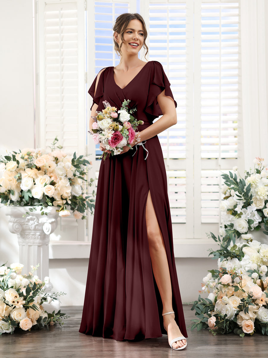 Vestidos de Dama de Honra Em Chiffon Linha A com Mangas Curtas e Laterais Divididas Até O Chão