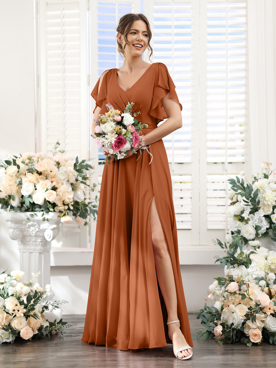 Vestidos de Dama de Honra Em Chiffon Linha A com Mangas Curtas e Laterais Divididas Até O Chão