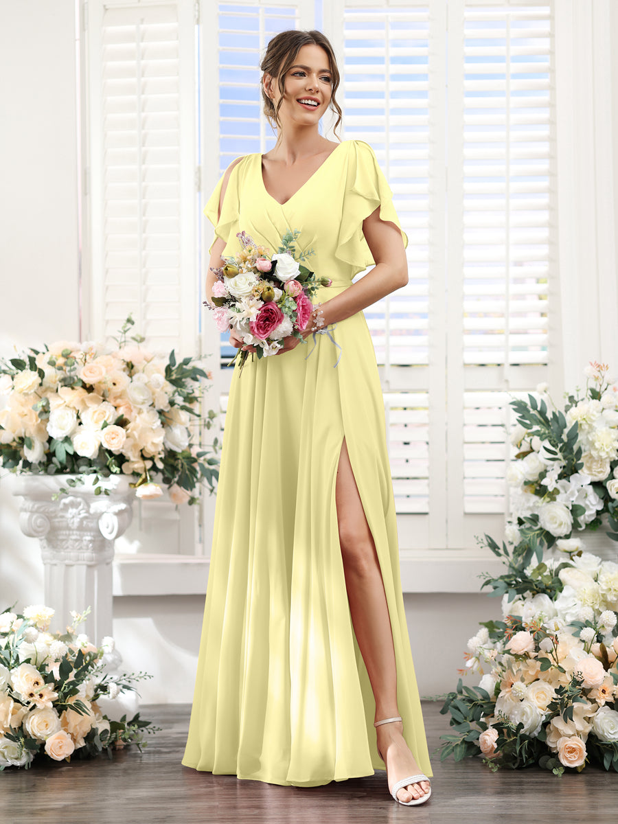Vestidos de Dama de Honra Em Chiffon Linha A com Mangas Curtas e Laterais Divididas Até O Chão