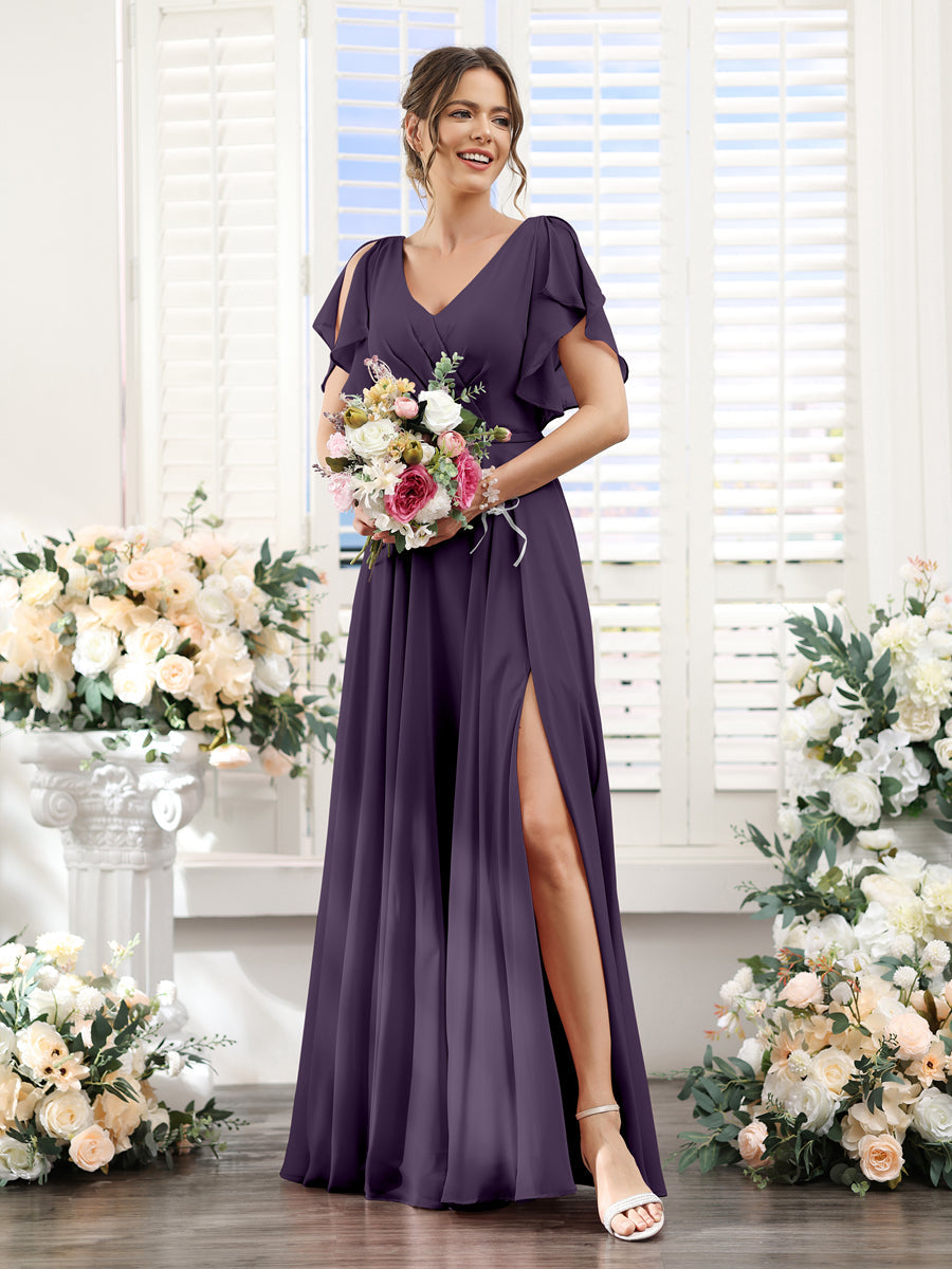 Vestidos de Dama de Honra Em Chiffon Linha A com Mangas Curtas e Laterais Divididas Até O Chão