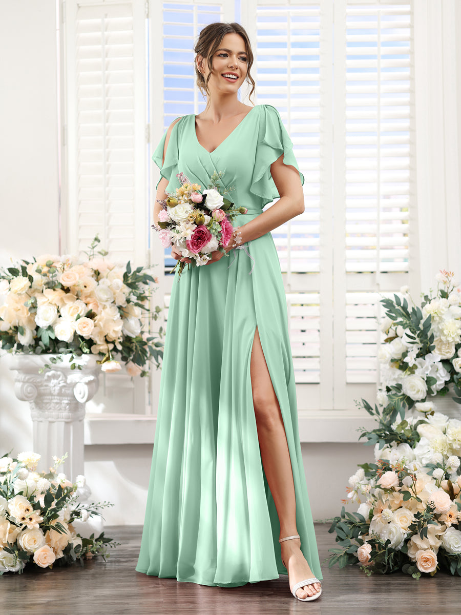 Vestidos de Dama de Honra Em Chiffon Linha A com Mangas Curtas e Laterais Divididas Até O Chão