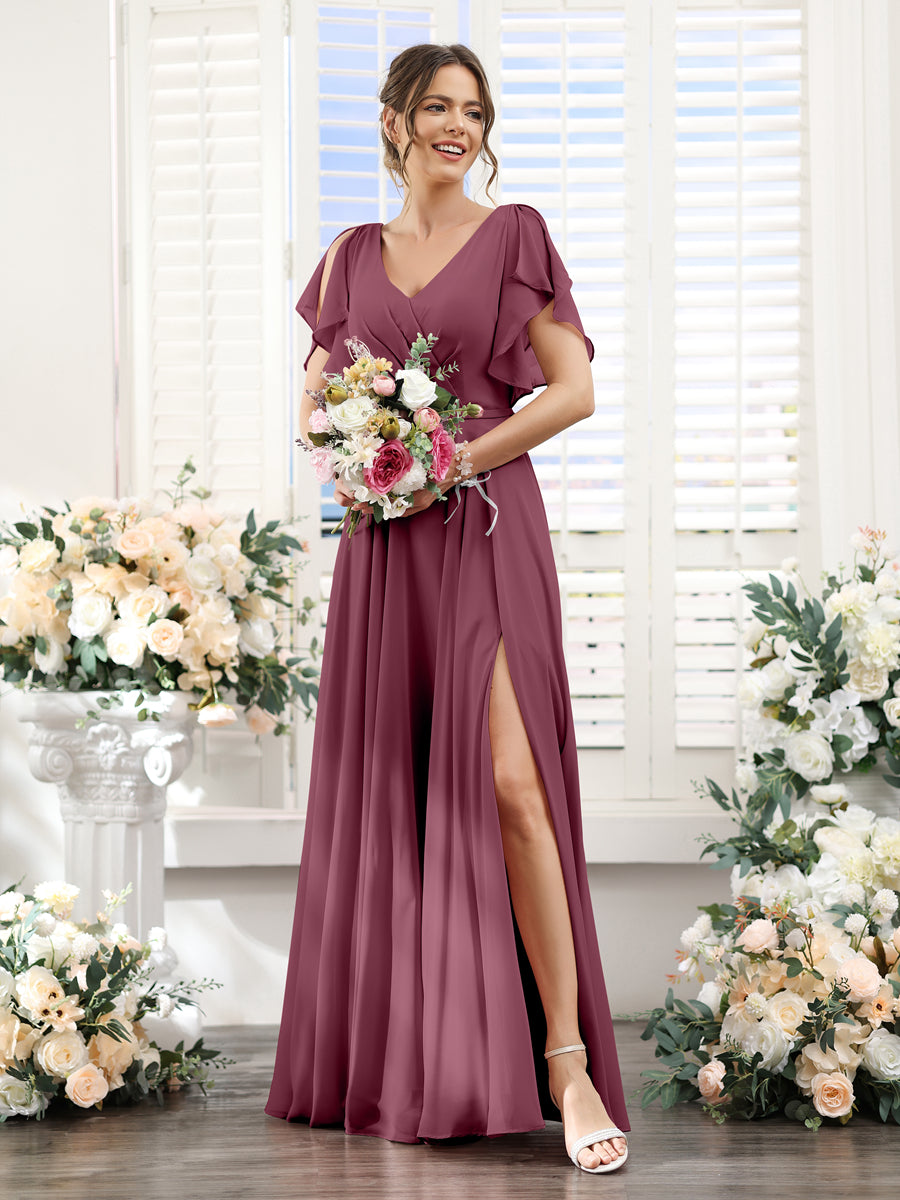 Vestidos de Dama de Honra Em Chiffon Linha A com Mangas Curtas e Laterais Divididas Até O Chão