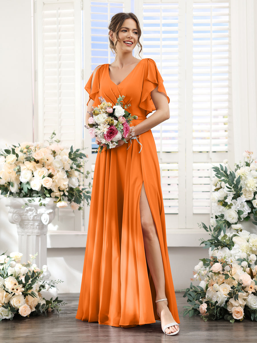 Vestidos de Dama de Honra Em Chiffon Linha A com Mangas Curtas e Laterais Divididas Até O Chão