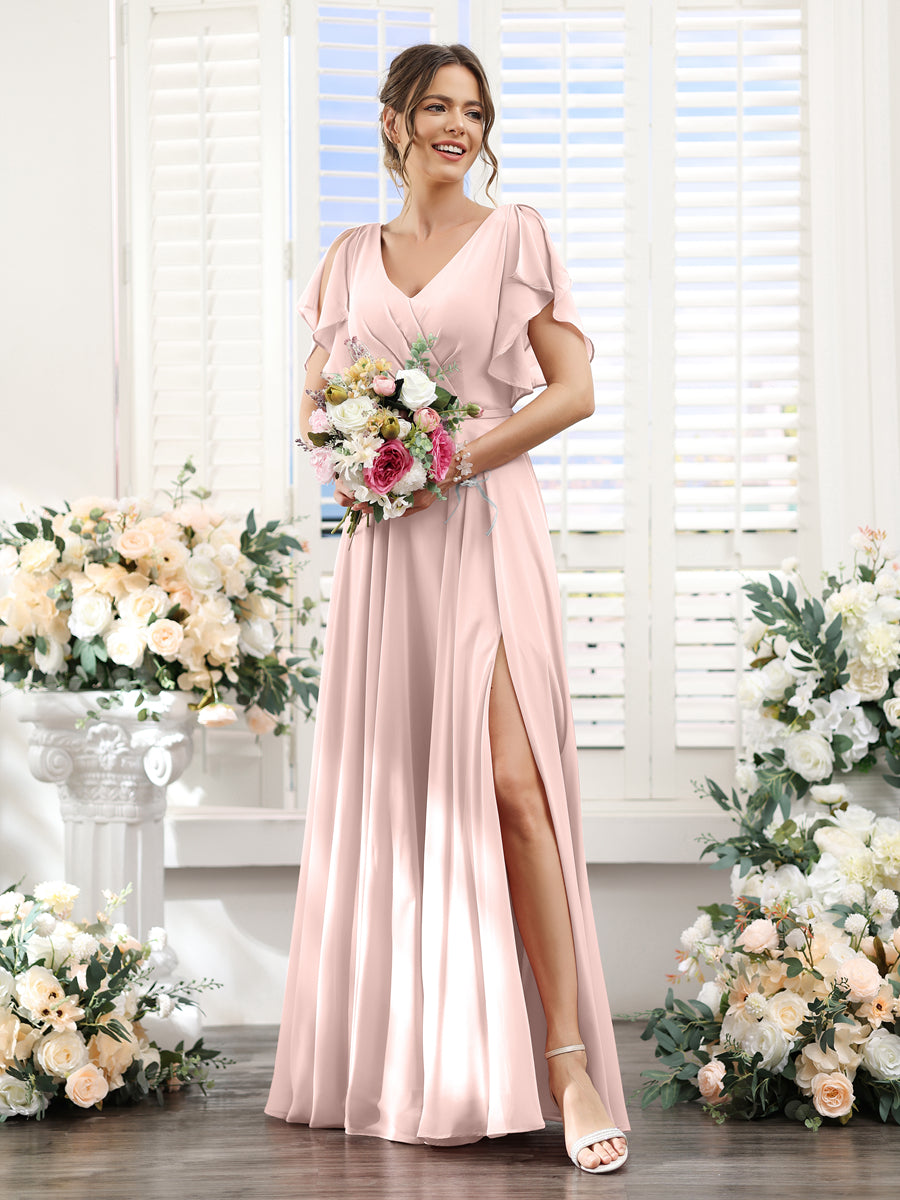 Vestidos de Dama de Honra Em Chiffon Linha A com Mangas Curtas e Laterais Divididas Até O Chão