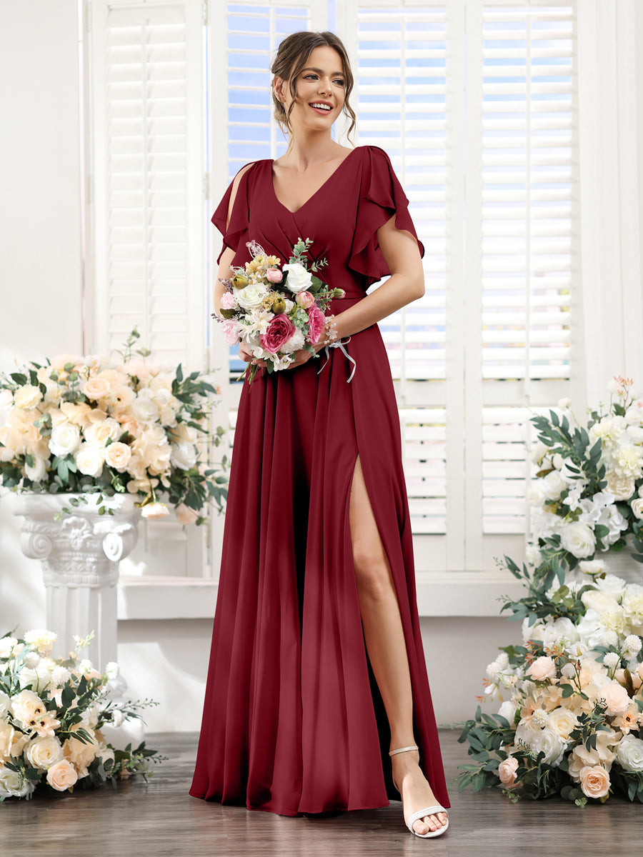 Vestidos de Dama de Honra Em Chiffon Linha A com Mangas Curtas e Laterais Divididas Até O Chão