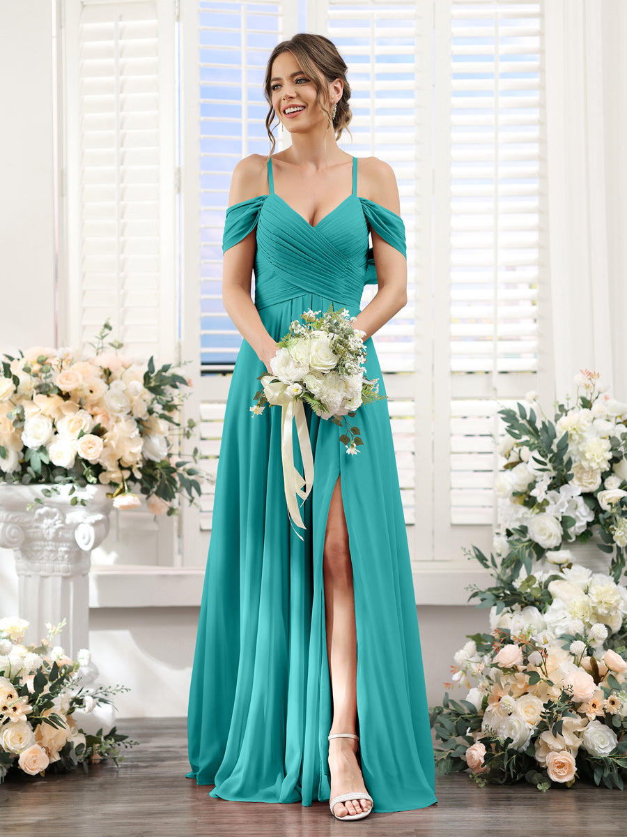 Vestidos de Dama de Honra Em Chiffon Linha A com Alças Finas e Divisão Lateral Até O Chão