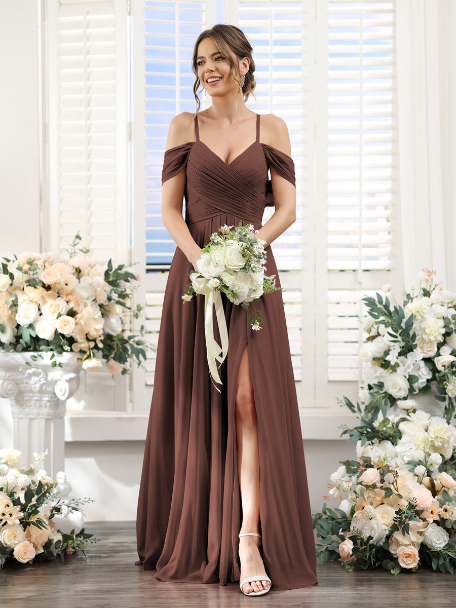 Vestidos de Dama de Honra Em Chiffon Linha A com Alças Finas e Divisão Lateral Até O Chão