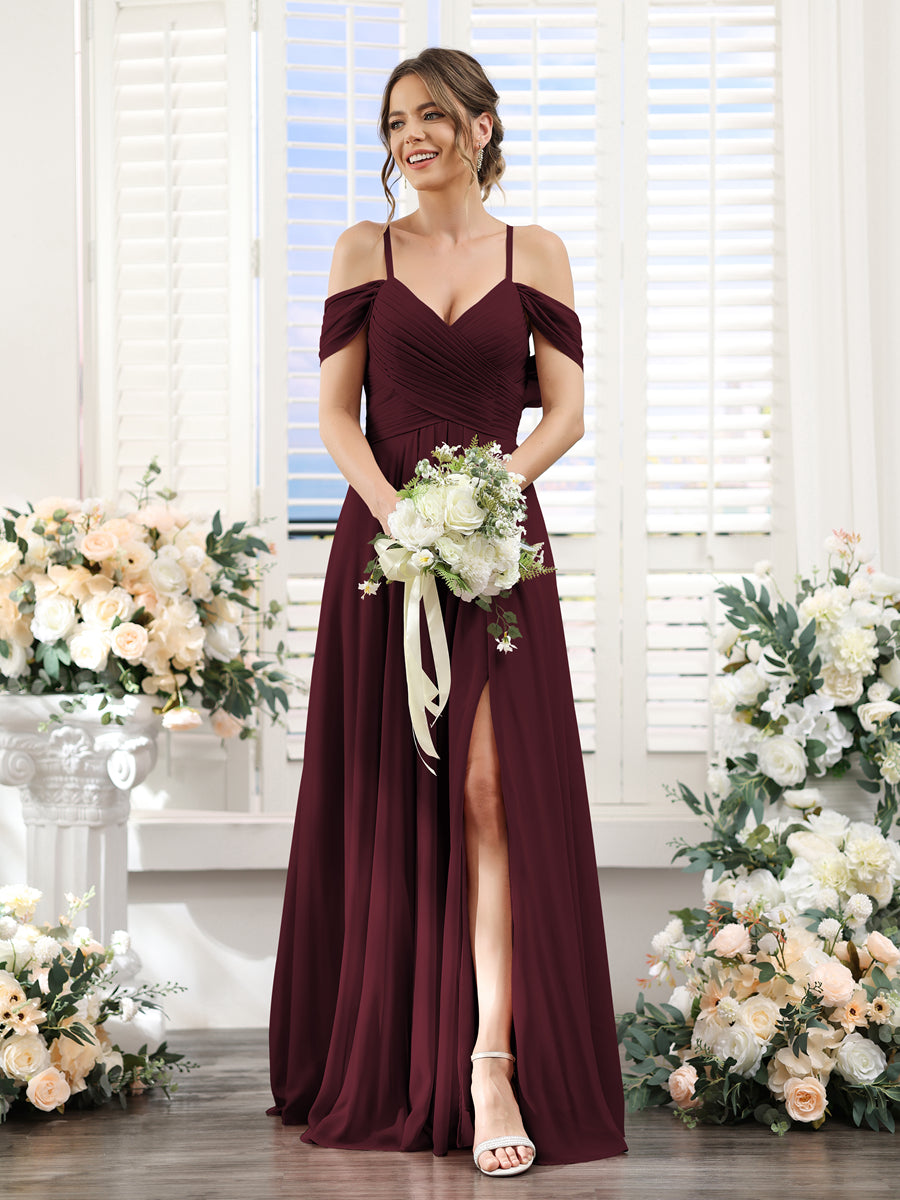 Vestidos de Dama de Honra Em Chiffon Linha A com Alças Finas e Divisão Lateral Até O Chão
