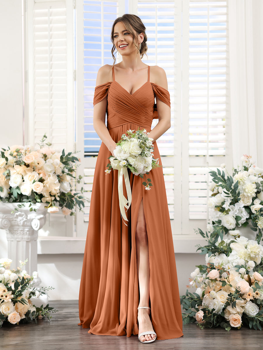 Vestidos de Dama de Honra Em Chiffon Linha A com Alças Finas e Divisão Lateral Até O Chão