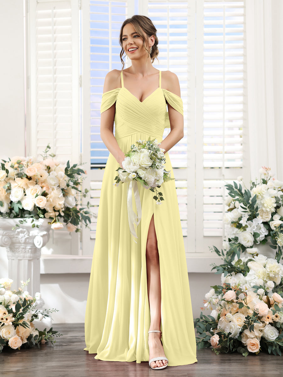 Vestidos de Dama de Honra Em Chiffon Linha A com Alças Finas e Divisão Lateral Até O Chão