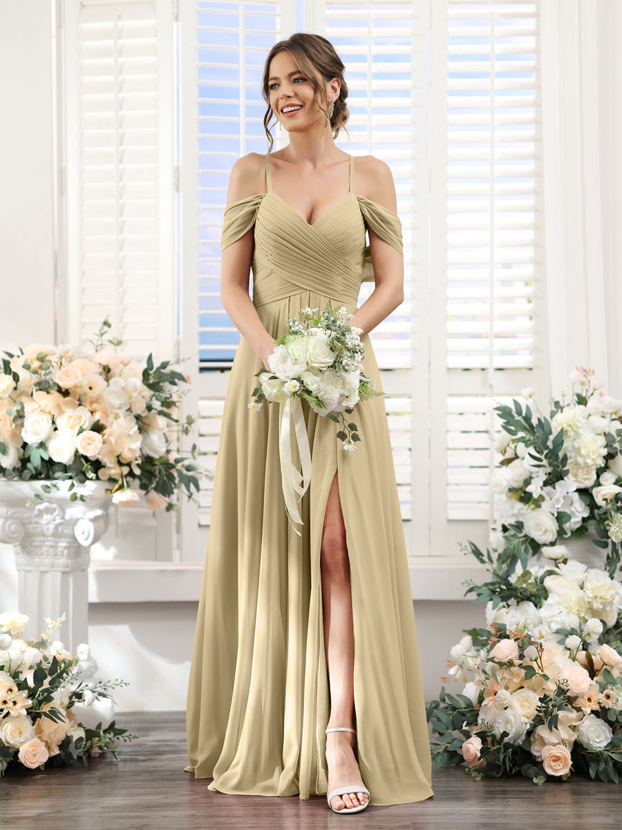 Vestidos de Dama de Honra Em Chiffon Linha A com Alças Finas e Divisão Lateral Até O Chão