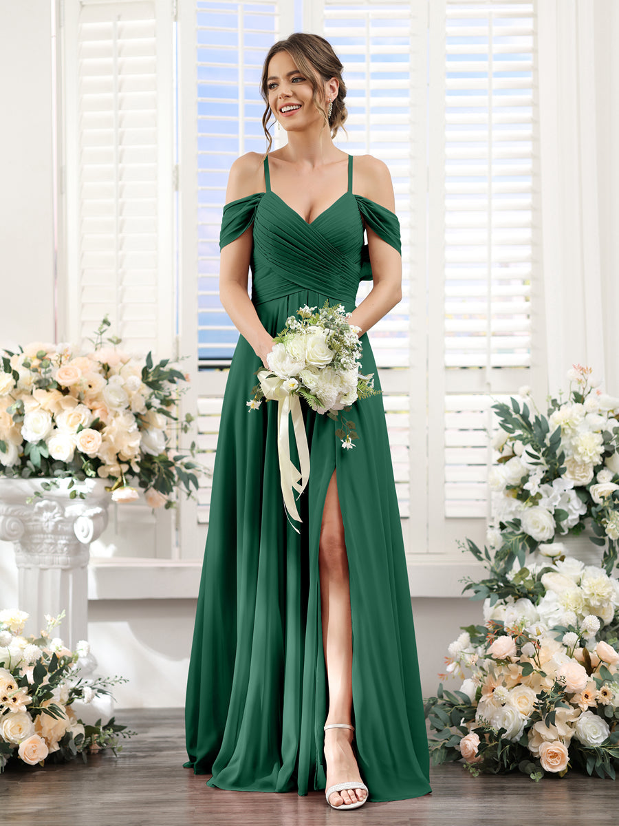 Vestidos de Dama de Honra Em Chiffon Linha A com Alças Finas e Divisão Lateral Até O Chão