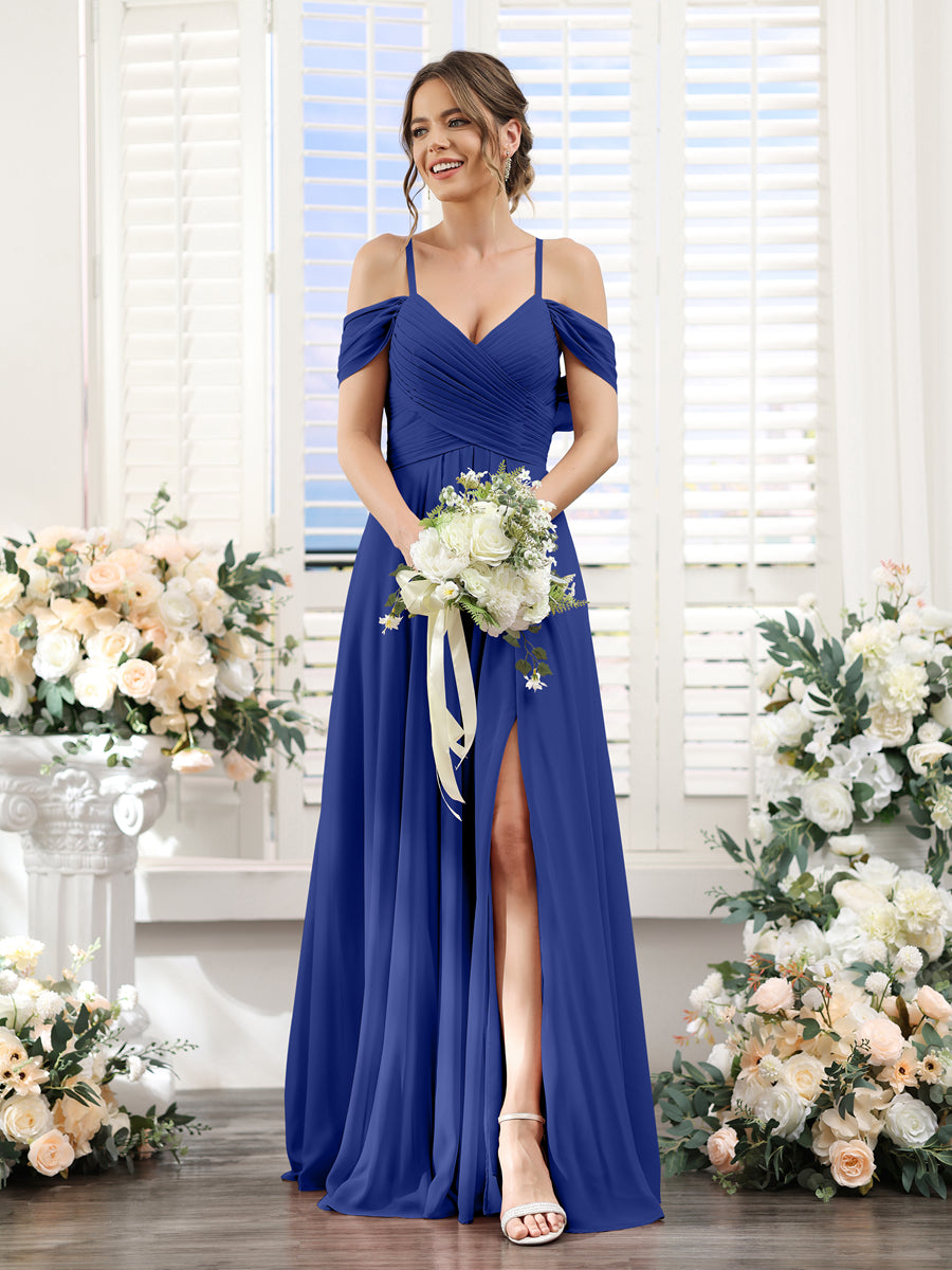 Vestidos de Dama de Honra Em Chiffon Linha A com Alças Finas e Divisão Lateral Até O Chão