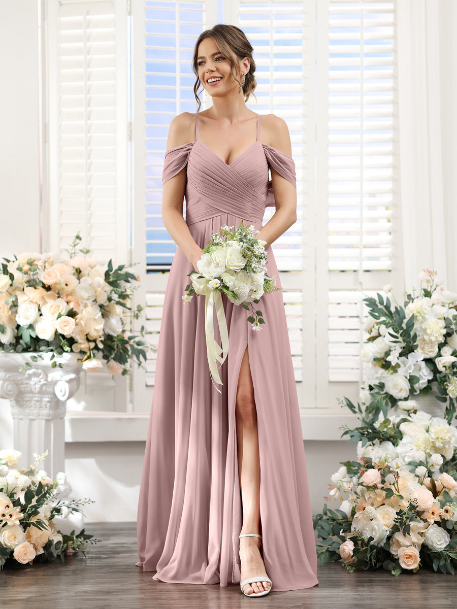 Vestidos de Dama de Honra Em Chiffon Linha A com Alças Finas e Divisão Lateral Até O Chão