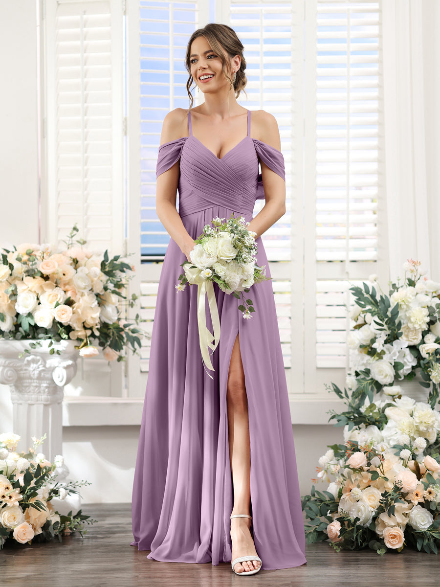 Vestidos de Dama de Honra Em Chiffon Linha A com Alças Finas e Divisão Lateral Até O Chão
