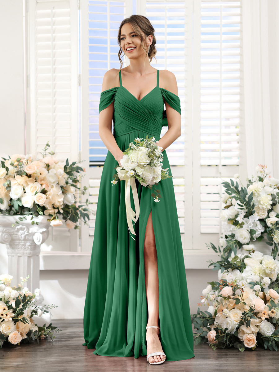 Vestidos de Dama de Honra Em Chiffon Linha A com Alças Finas e Divisão Lateral Até O Chão