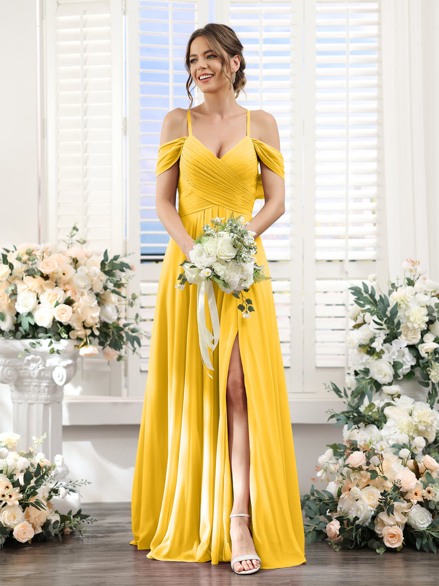 Vestidos de Dama de Honra Em Chiffon Linha A com Alças Finas e Divisão Lateral Até O Chão