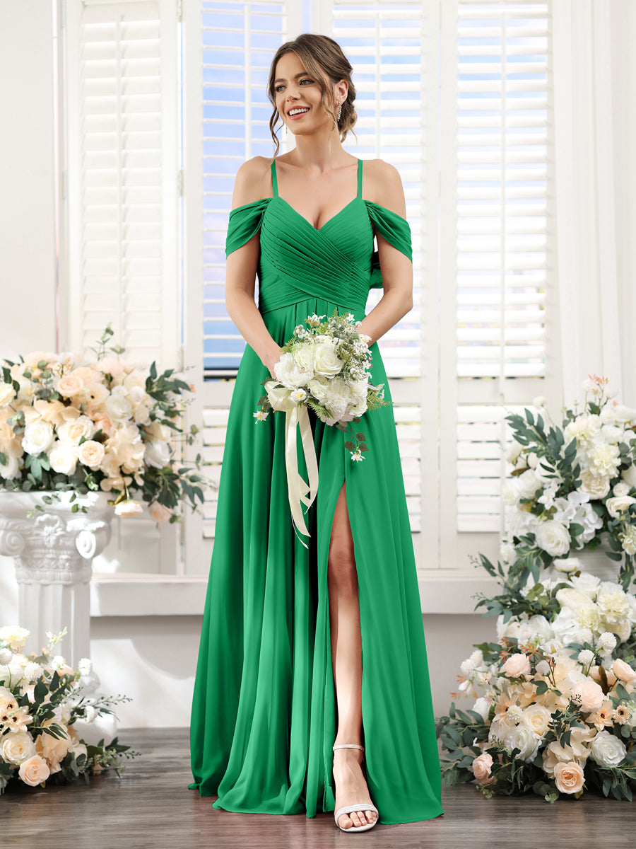 Vestidos de Dama de Honra Em Chiffon Linha A com Alças Finas e Divisão Lateral Até O Chão