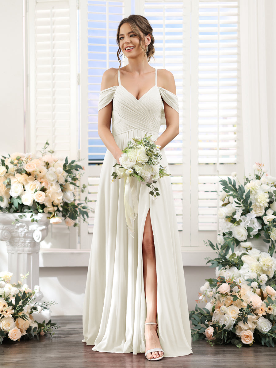 Vestidos de Dama de Honra Em Chiffon Linha A com Alças Finas e Divisão Lateral Até O Chão