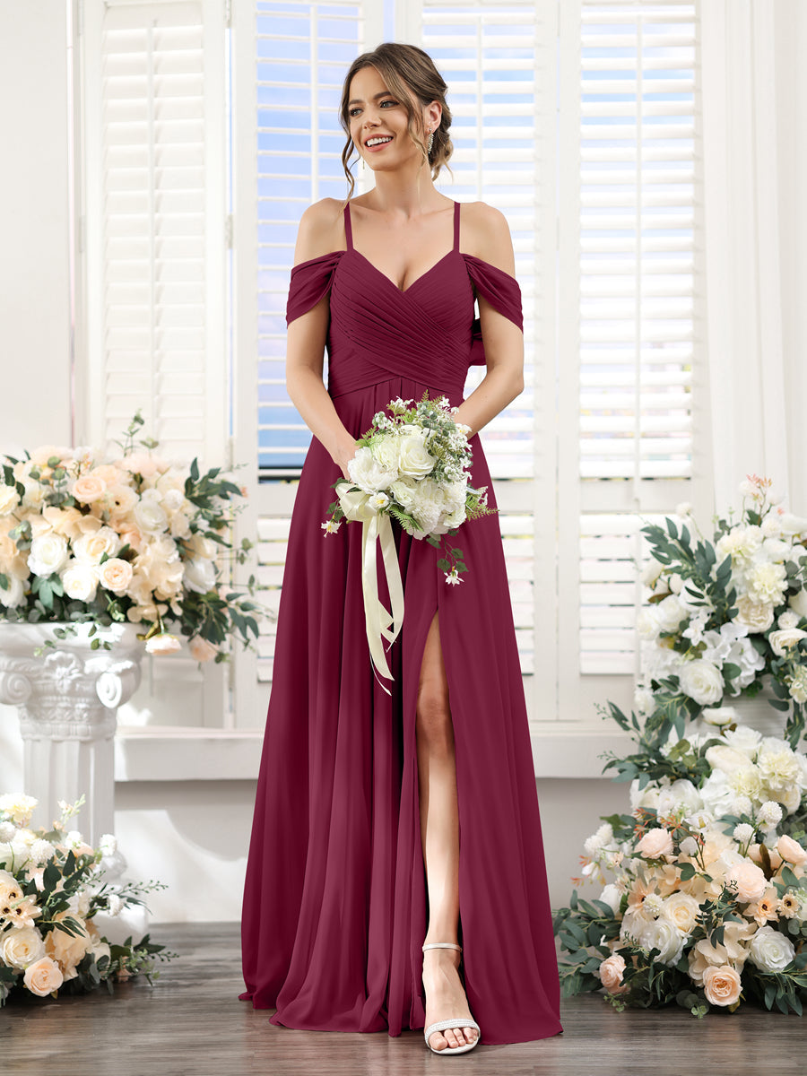 Vestidos de Dama de Honra Em Chiffon Linha A com Alças Finas e Divisão Lateral Até O Chão