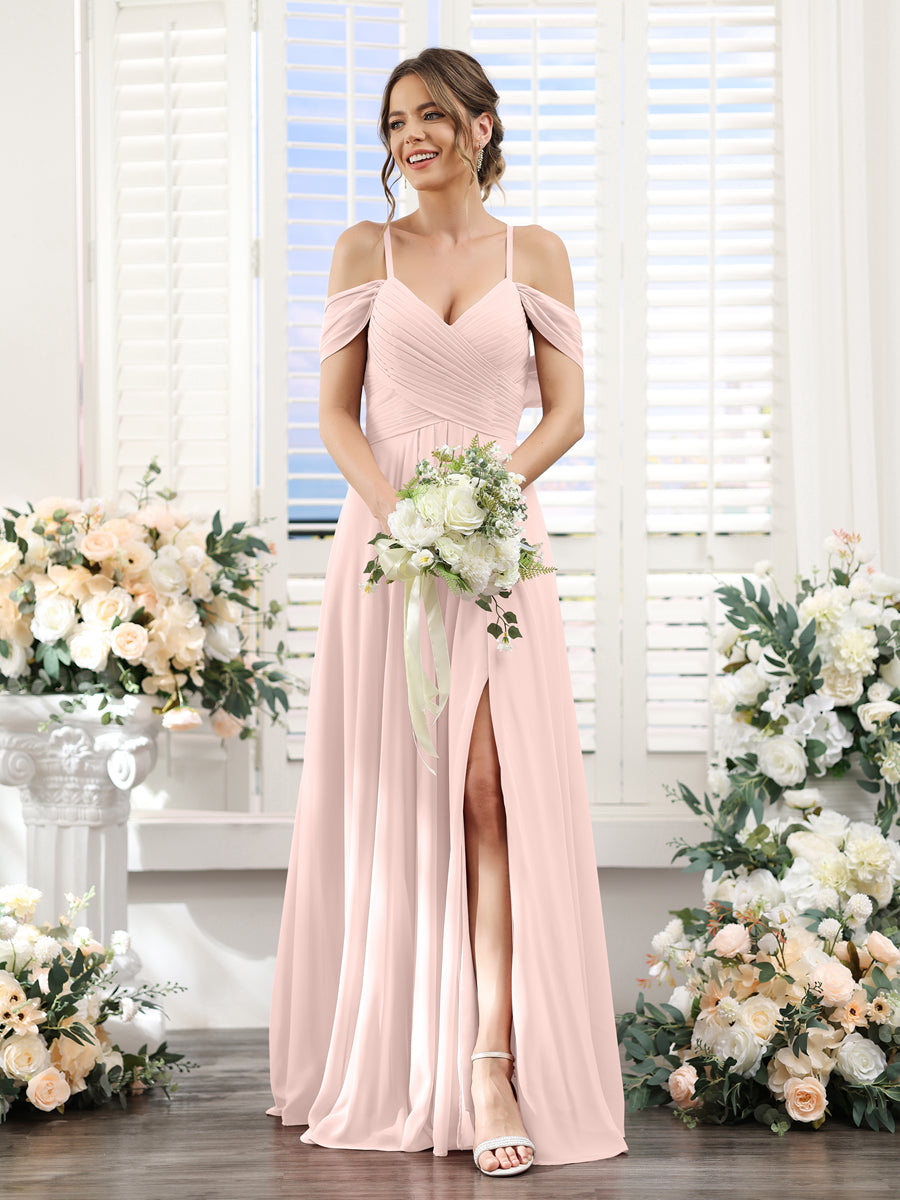 Vestidos de Dama de Honra Em Chiffon Linha A com Alças Finas e Divisão Lateral Até O Chão