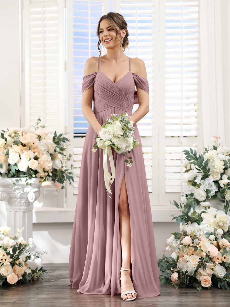 Vestidos de Dama de Honra Em Chiffon Linha A com Alças Finas e Divisão Lateral Até O Chão