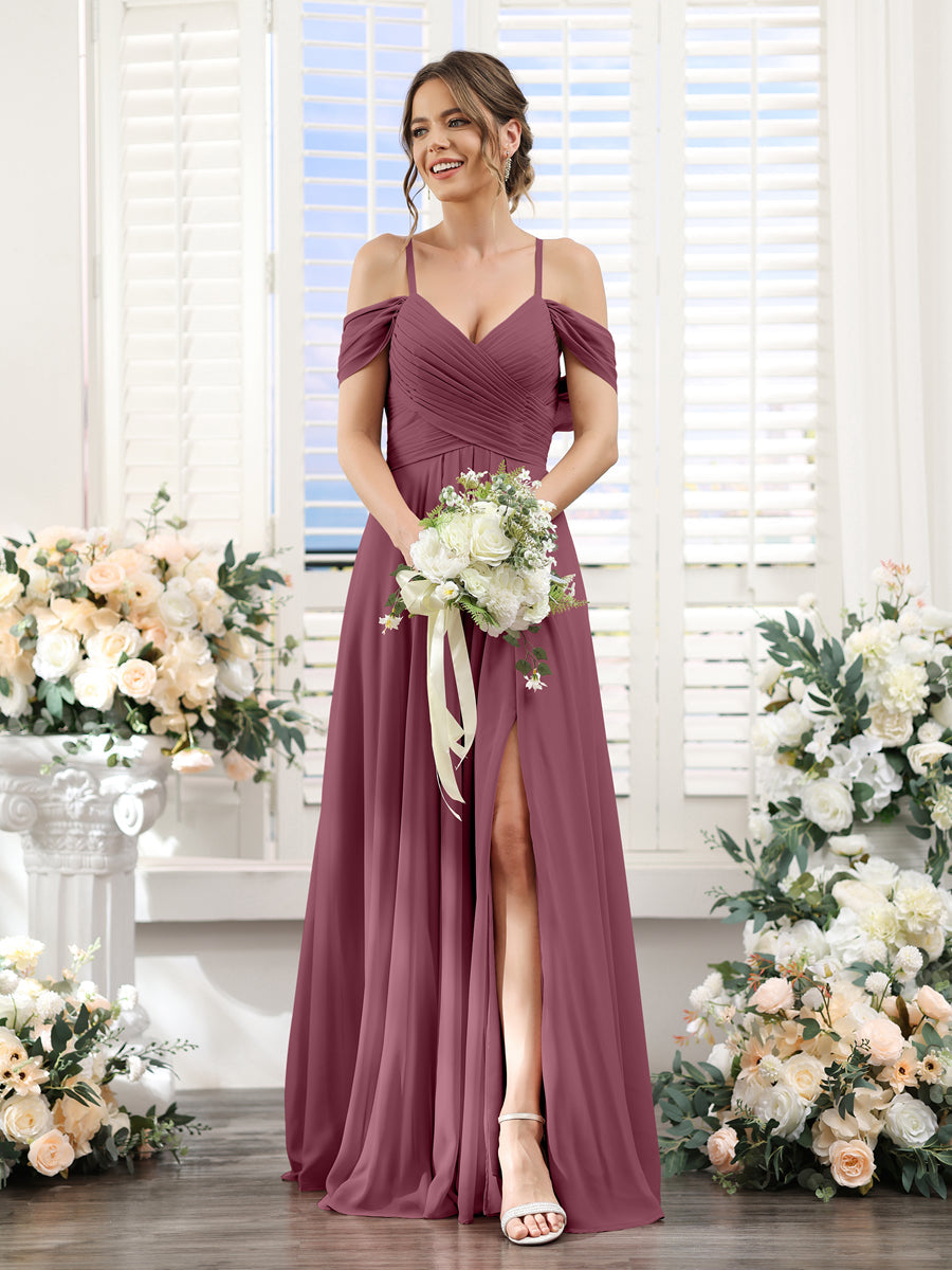 Vestidos de Dama de Honra Em Chiffon Linha A com Alças Finas e Divisão Lateral Até O Chão
