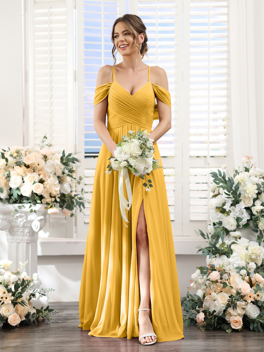 Vestidos de Dama de Honra Em Chiffon Linha A com Alças Finas e Divisão Lateral Até O Chão