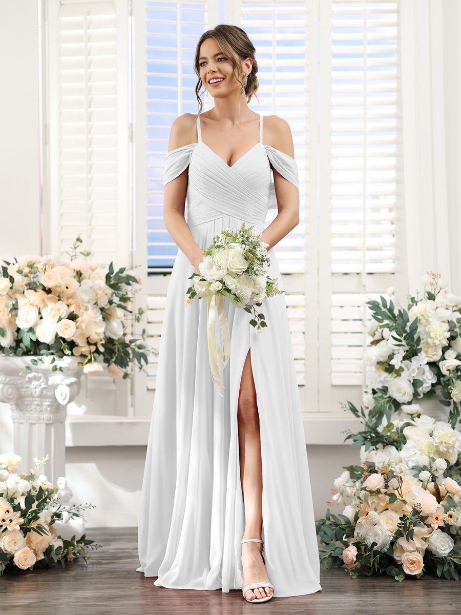 Vestidos de Dama de Honra Em Chiffon Linha A com Alças Finas e Divisão Lateral Até O Chão