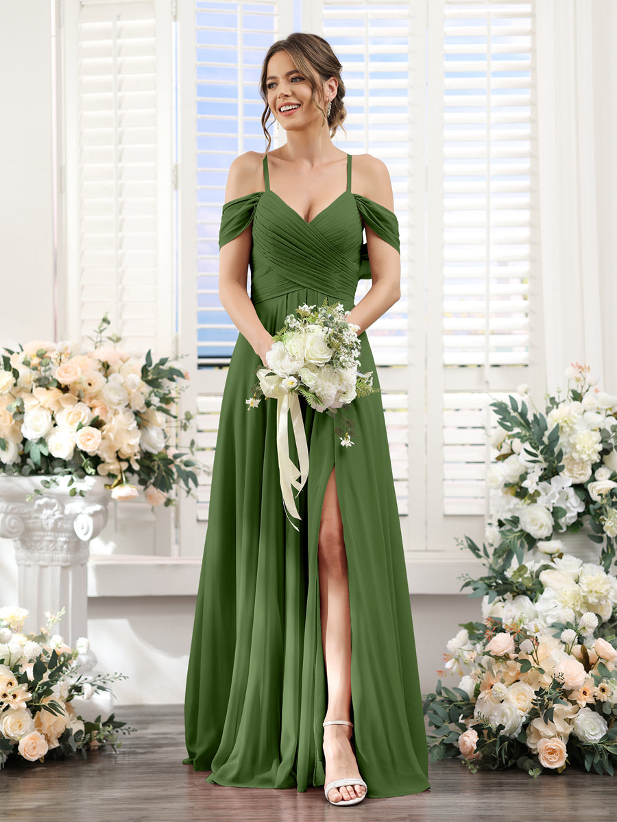 Vestidos de Dama de Honra Em Chiffon Linha A com Alças Finas e Divisão Lateral Até O Chão