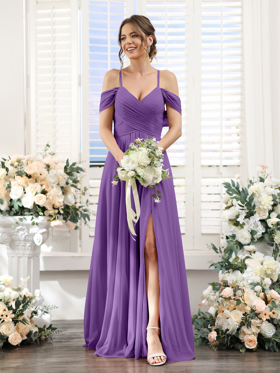 Vestidos de Dama de Honra Em Chiffon Linha A com Alças Finas e Divisão Lateral Até O Chão