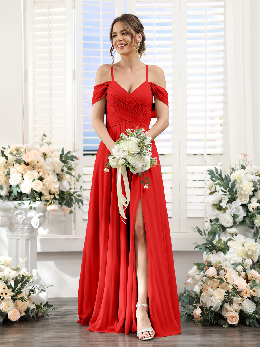 Vestidos de Dama de Honra Em Chiffon Linha A com Alças Finas e Divisão Lateral Até O Chão