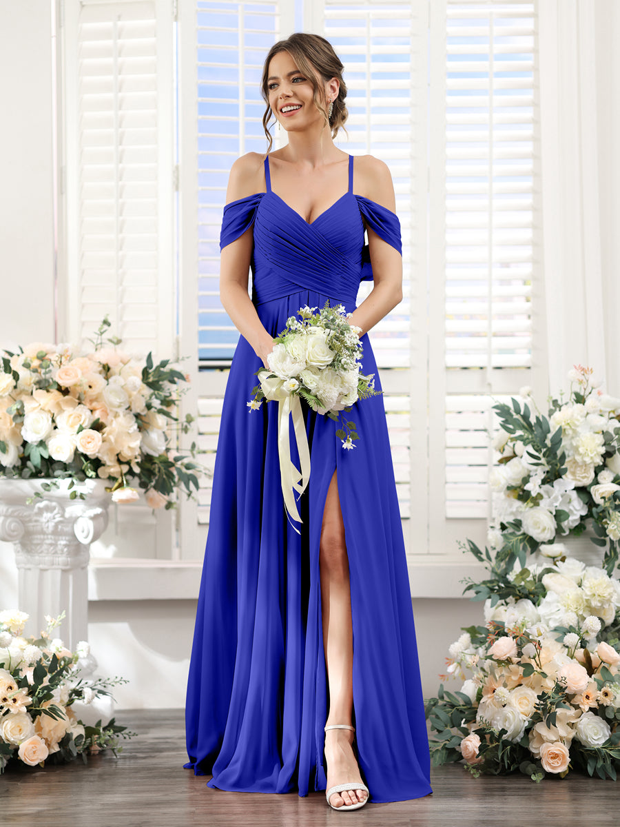 Vestidos de Dama de Honra Em Chiffon Linha A com Alças Finas e Divisão Lateral Até O Chão