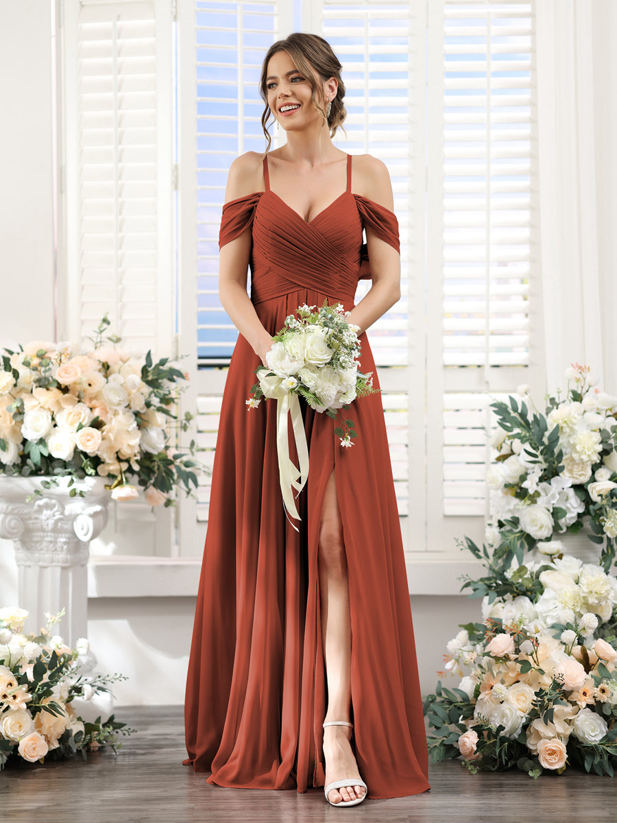 Vestidos de Dama de Honra Em Chiffon Linha A com Alças Finas e Divisão Lateral Até O Chão