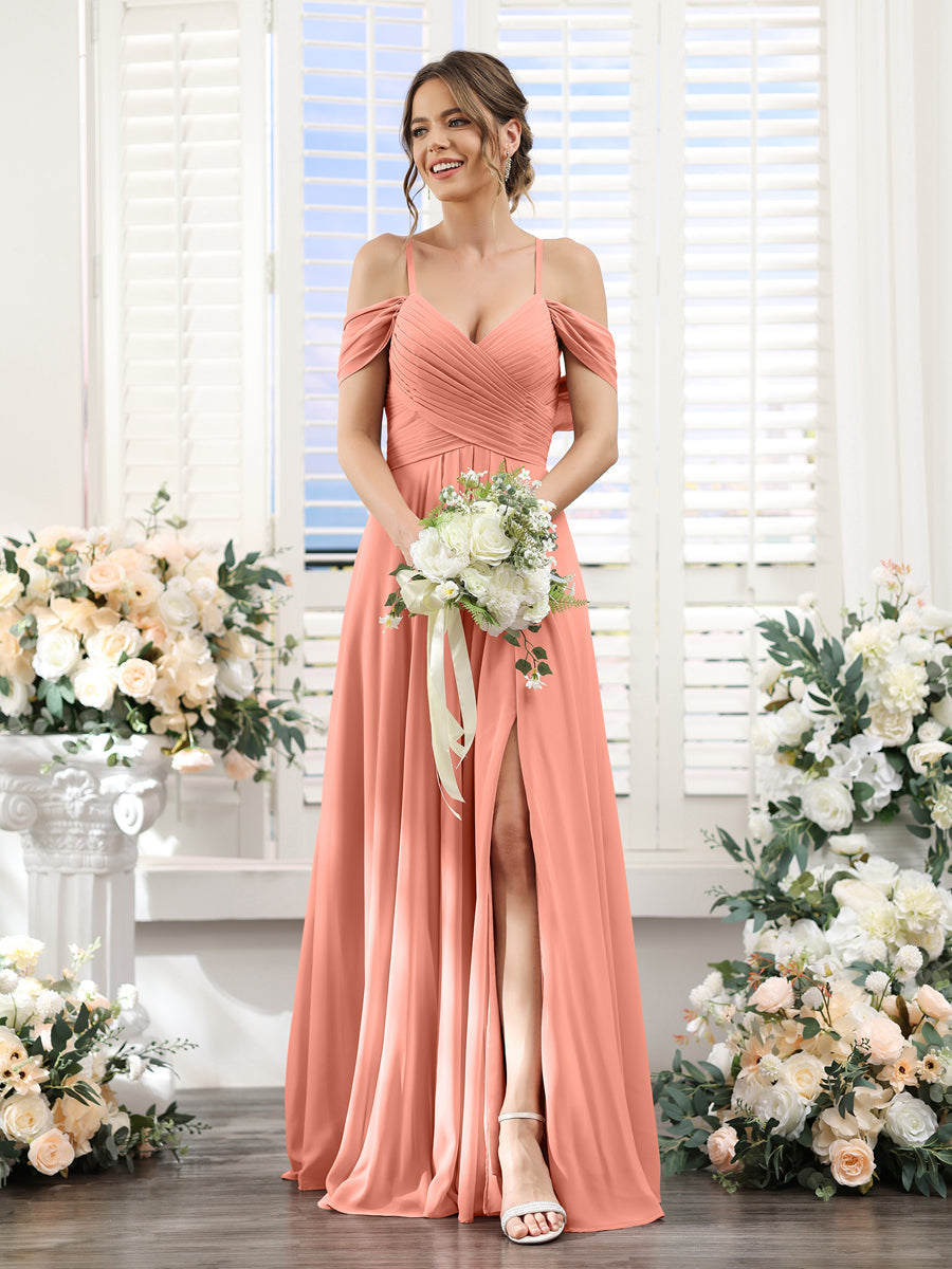 Vestidos de Dama de Honra Em Chiffon Linha A com Alças Finas e Divisão Lateral Até O Chão