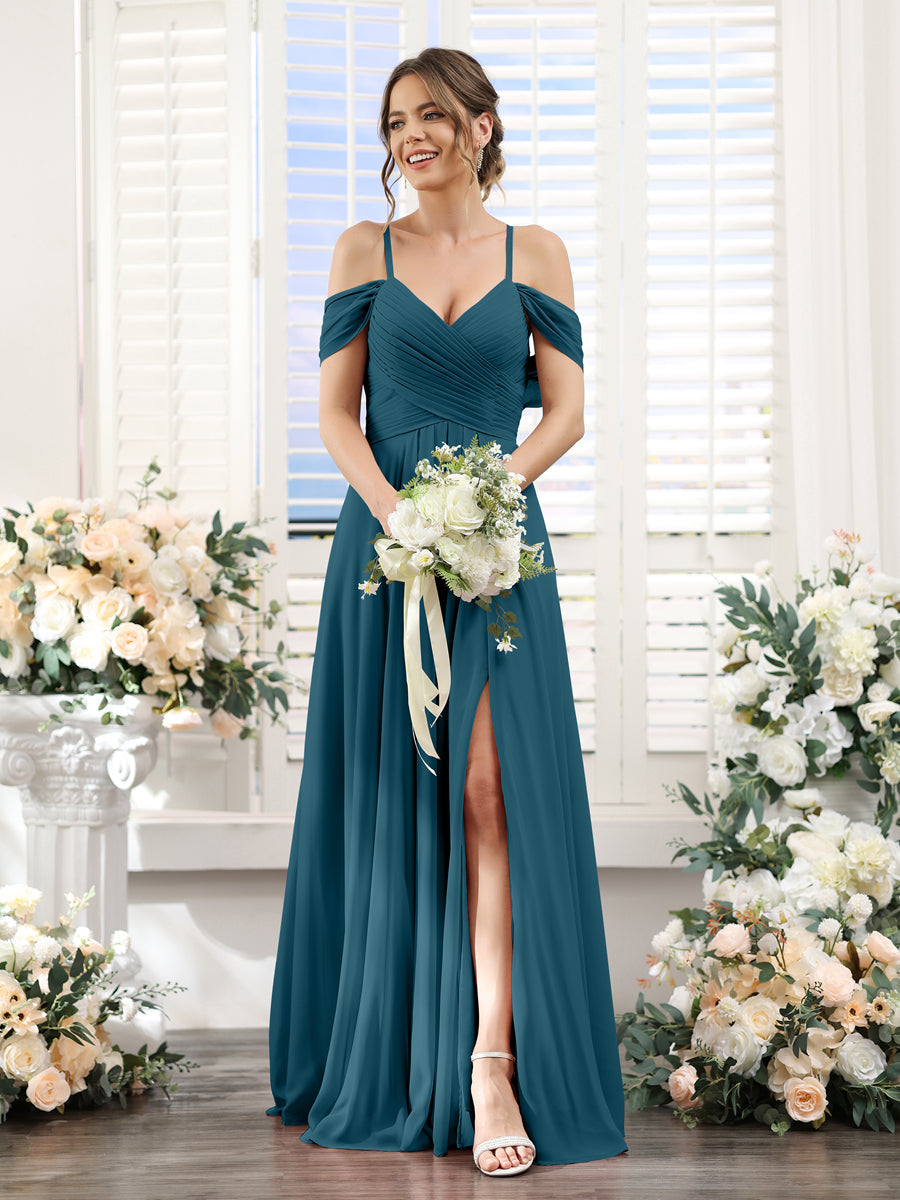 Vestidos de Dama de Honra Em Chiffon Linha A com Alças Finas e Divisão Lateral Até O Chão