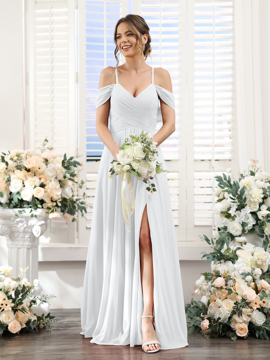 Vestidos de Dama de Honra Em Chiffon Linha A com Alças Finas e Divisão Lateral Até O Chão