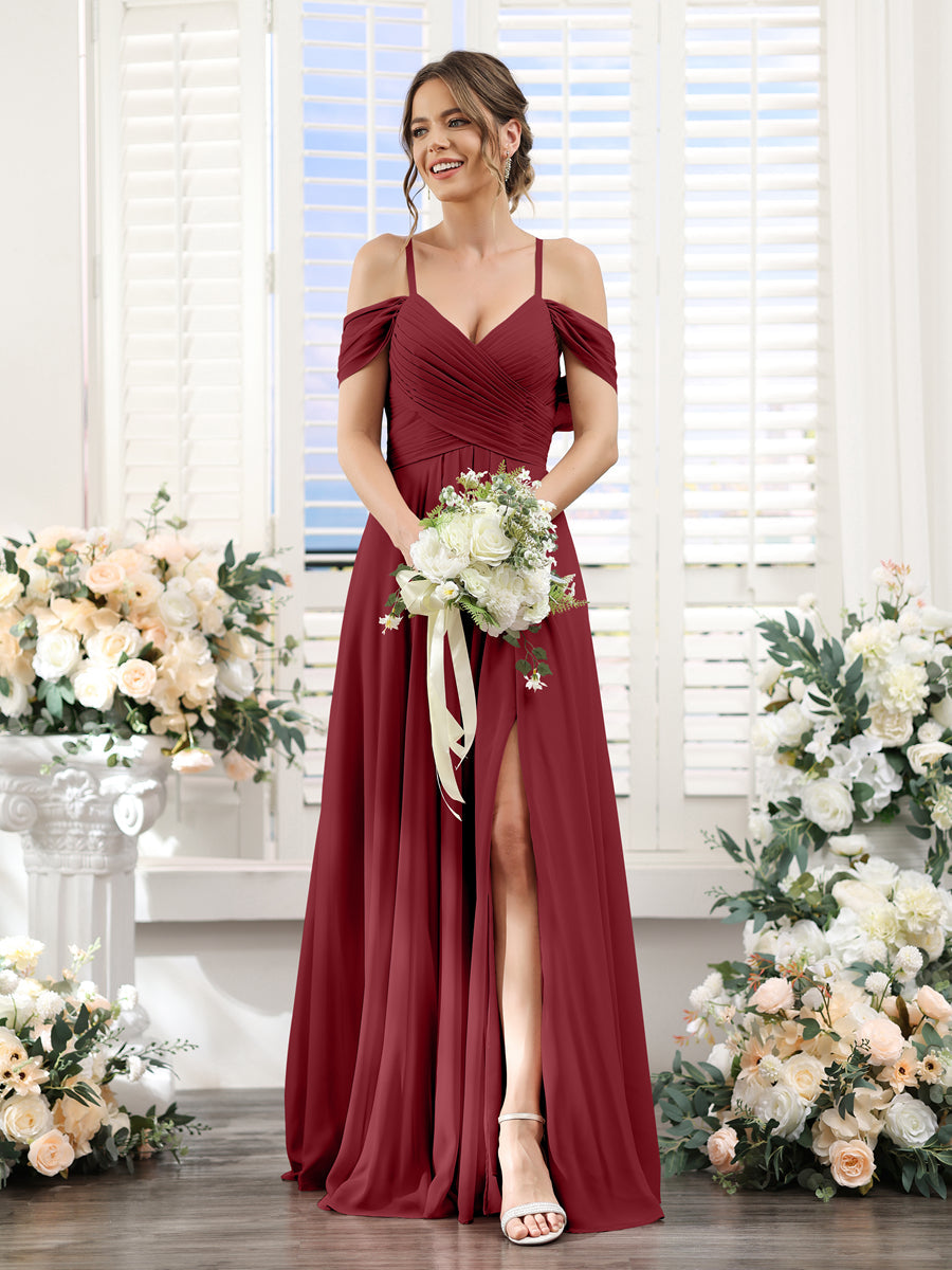 Vestidos de Dama de Honra Em Chiffon Linha A com Alças Finas e Divisão Lateral Até O Chão