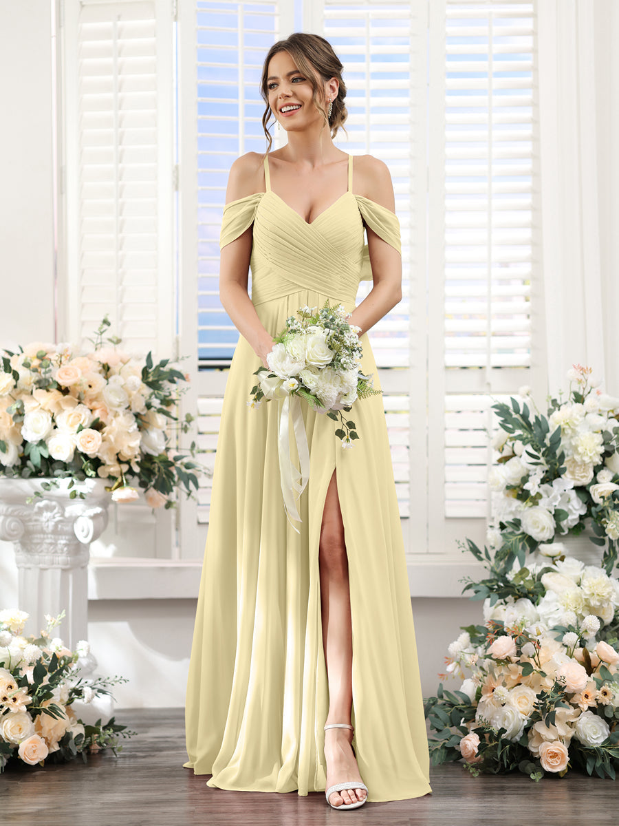 Vestidos de Dama de Honra Em Chiffon Linha A com Alças Finas e Divisão Lateral Até O Chão