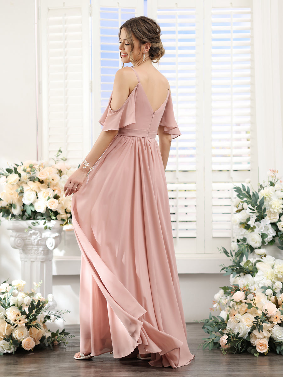Vestidos de Dama de Honra Em Chiffon Linha A com Alças Finas e Franzidos Laterais Divididas Até O Chão