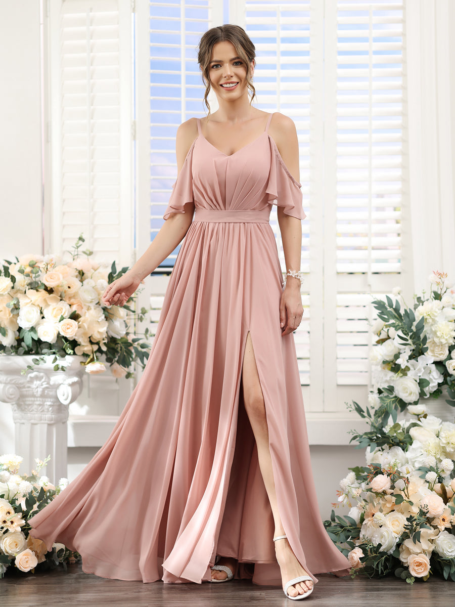Vestidos de Dama de Honra Em Chiffon Linha A com Alças Finas e Franzidos Laterais Divididas Até O Chão